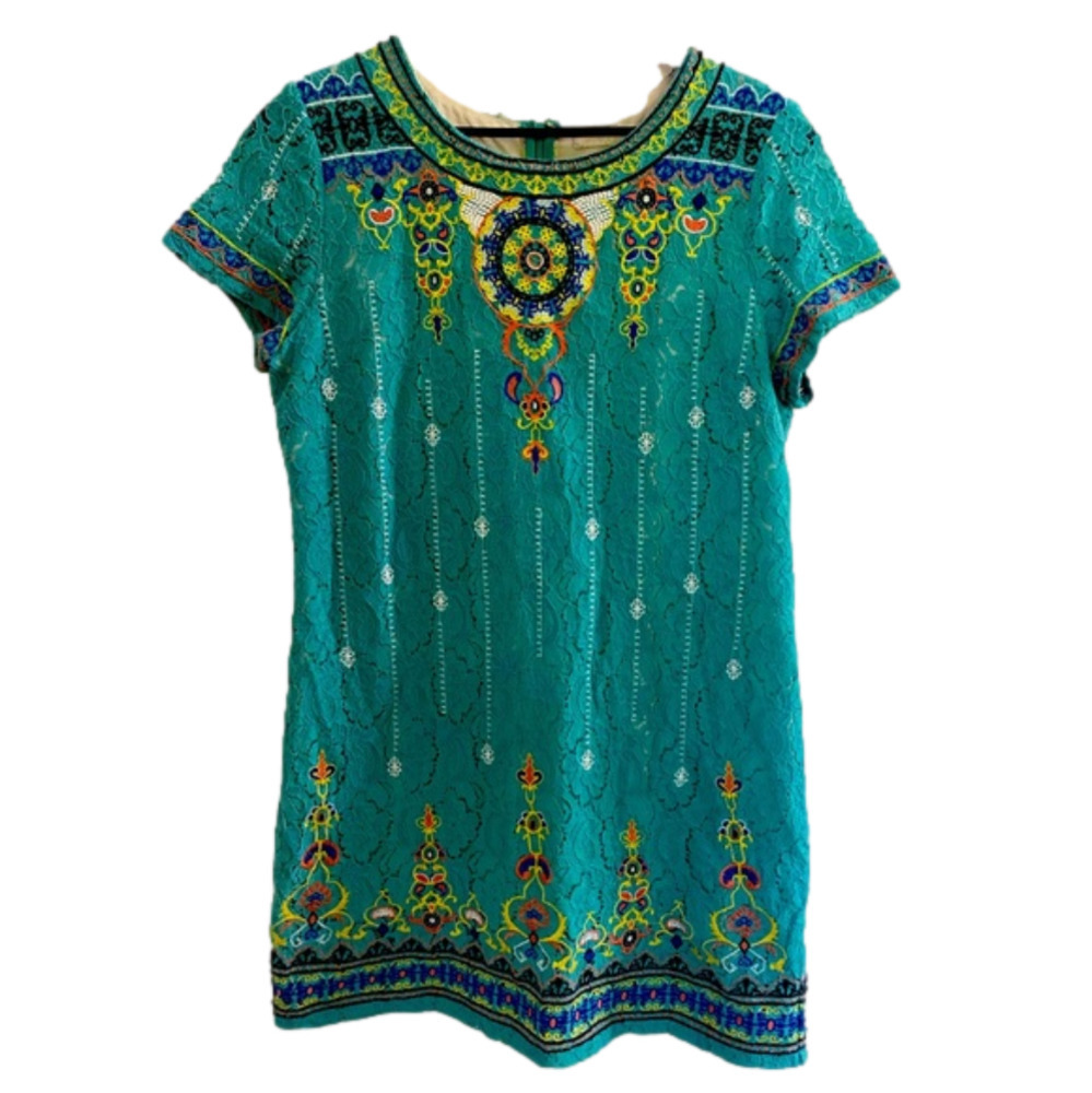 Champagne & Strawberry Lace Embroidery Short sleeve Teal Sheath Dress Large